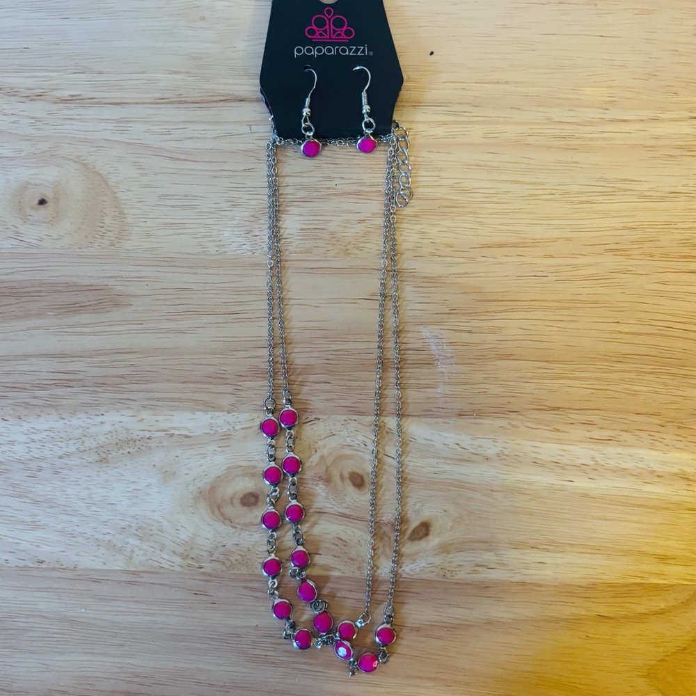 Paparazzi "Summer Girl" Pink Faceted Bead Silver Layered Necklace Set